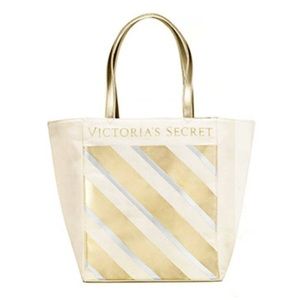 VICTORIAS SECRET GOLD SPARKLE TOTE SHOPPING WEEKENDER GYM BEACH BAG